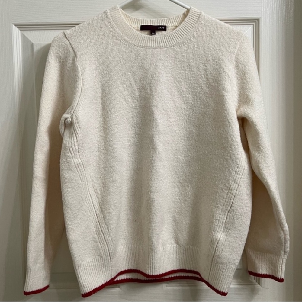 JAJU cream ecru off white crewneck sweater red trim ribbed sleeve cuffs & hem